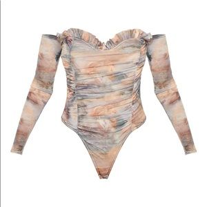 Multi Water Renaissance Printed Mesh Ruched Bardot Bodysuit